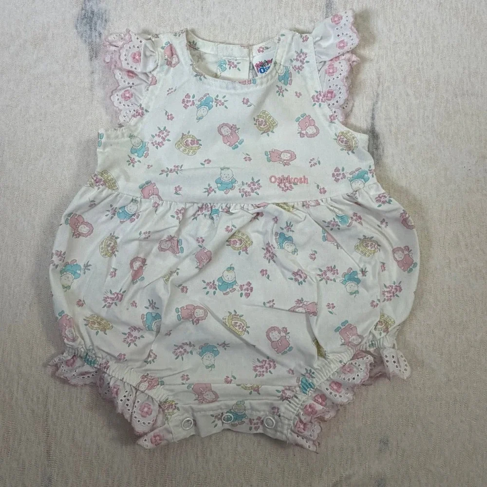 Vintage OshKosh Baby‎ Girl Romper 3-6 Months USA Made Floral Lace Bubble